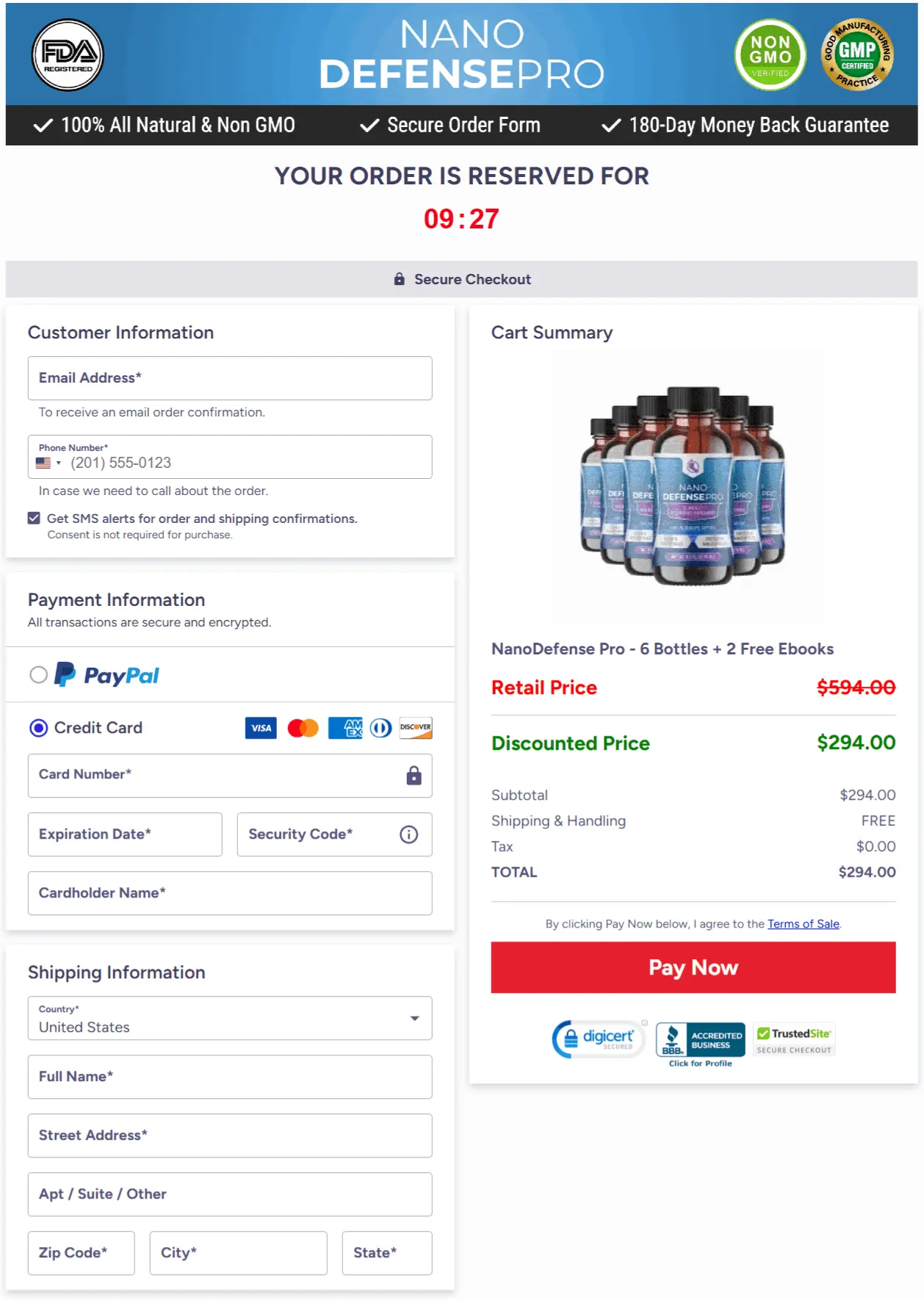 Nano Defense checkout page
